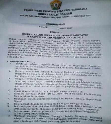 Pemprov Sultra Buka Seleksi Calon Sekda Wakatobi