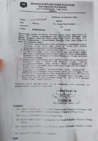 Surat Camat Kaledupa, Surdani, tertanggal 10 Desember 2018