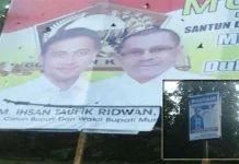 Sat Pol PP dan Panwaslu Mubar Belum Tertibkan Baliho Paslon Baliho Pasangan Calon Bupati dan Wakil Bupati LM.Rajiun Tumada dan Ahmad Lamani (Rahmat),LM.Iksan Taufik Ridwan dan La Nika (Insani) Masih terpampang di pinggir jalan, Jumat (28/10/2016).(Laode Pialo/ZONASULTRA.COM)