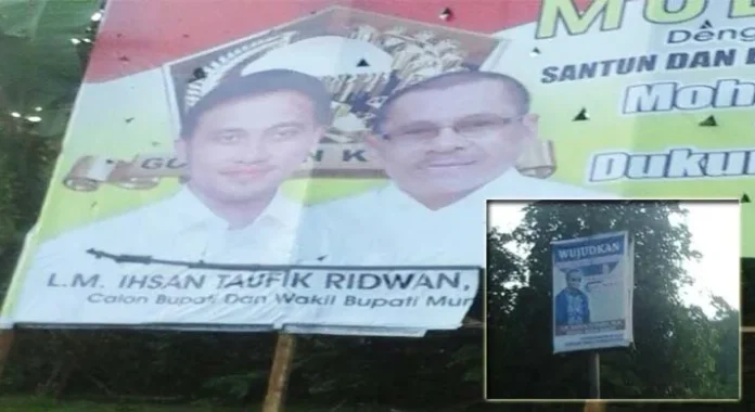 Baliho Pasangan Calon Bupati dan Wakil Bupati LM.Rajiun Tumada dan Ahmad Lamani (Rahmat),LM.Iksan Taufik Ridwan dan La Nika (Insani) Masih terpampang di pinggir jalan, Jumat (28/10/2016).(Laode Pialo/ZONASULTRA.COM)