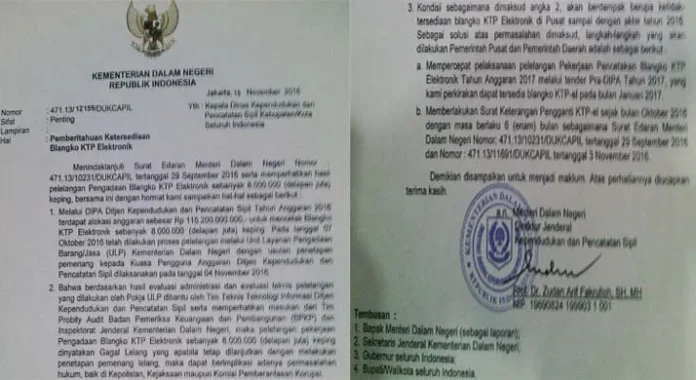 BLANKO e-KTP - Surat dari Kementerian Dalam Negeri (Kemendagri) dengan nomor 471.13/12159/DUKCAPIL tertanggal 15 November 2016 tentang pemberitahuan ketersediaan blanko e-KTP yang ditandatangani oleh Direktur Jenderal Kependudukan dan Catatan Sipil (Dirjen Dukcapil) Zudan Arif Fakrulloh. Dalam surat tersebut Kemendagri menginstruksikan kepada Dinas Kependudukan dan Catatan Sipil seluruh Indonesia agar memberlakukan surat pengganti e-KTP sejak bulan Oktober 2016 dengan masa berlakau enam bulan. (RAMADHAN HAFID/ZONASULTRA.COM)