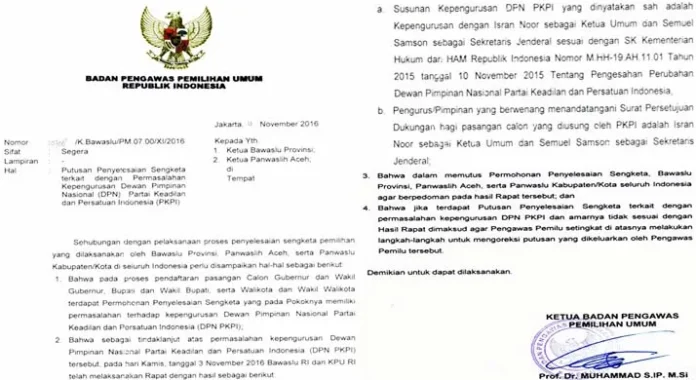 Surat Bawaslu RI – Isi surat edaran yang ditandatangani Ketua Bawaslu RI Muhammad terkait permasalahan kepengurusan Dewan Pimpinan Nasional (DPN) PKPI. Kepengurusan DPN PKPI yang dinyatakan sah adalah Kepengurusan dengan Isran Noor sebagai Ketua Umum dan Semuel Samson sebagai Sekretaris Jenderal (Sekjen). (Istimewa)