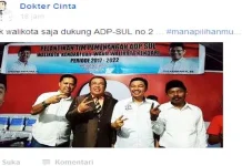 Ini Pembelaan Petinggi PAN Soal Asrun yang Dilaporkan di Panwaslih Dugaan Pelanggaran - Foto yang diposting akun Dokter Cinta di Grup Facebook Sultra Watch. Dalam foto tersebut Walikota Kendari Asrun menunjukkan dukungan terhadap pasangan calon walikota Kendari no. urut 2.