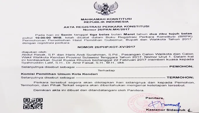ARPK Empat Perkara Pilkada Sultra Resmi Teregistrasi di MK