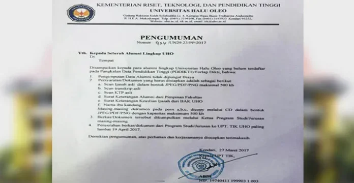 Alumni UHO yang Tidak Terdaftar di Dikti Dipanggil Kembali Masuk Kampus untuk Lengkapi Data