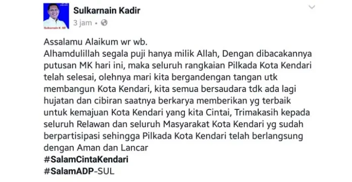 Menang di MK, Sulkarnain Ucap Syukur Lewat Facebook