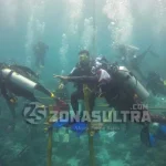 Arhawi Pimpin Upacara HUT RI 72 di Bawah Laut Wakatobi UPACARA BAWAH LAUT - Bupati Wakatobi, Arhawi memimpin pelaksanaan upacara HUT RI ke 72 yang dilakasanakan di bawah laut di Pantai Cemara, Desa Wapiapia, Kecamatan Wangiwangi, Kamis (17/8/2017). (Nova Ely Surya/ZONASULTRA.COM)