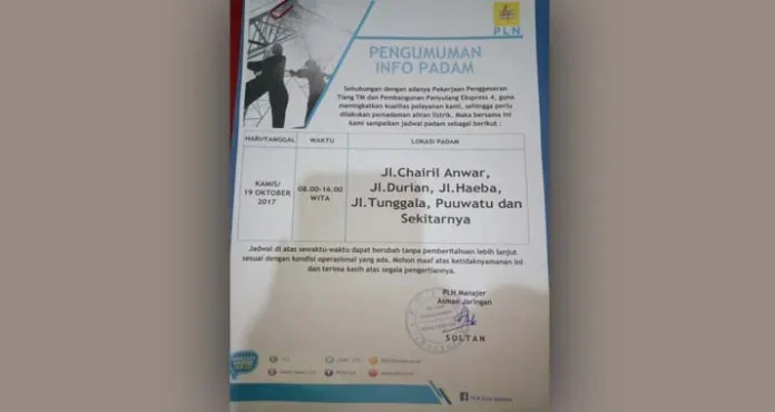 Catat, Ini Lokasi Pemadaman Listrik di Kendari pada 19 Oktober