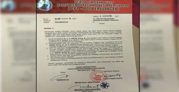 Surat Megawati untuk Asrun-Hugua