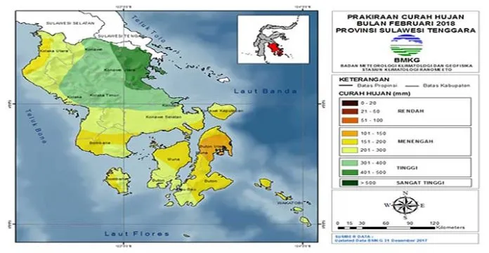 februari_hujan Februari, Curah Hujan Tinggi Diprediksi Akan Melanda 6 Wilayah di Sultra Ini