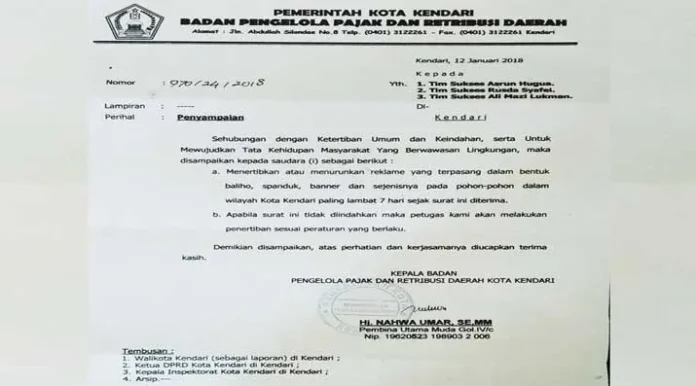 Pemkot Kendari Desak Timses Cagub Sultra Turunkan Baliho yang Terpasang di Pohon