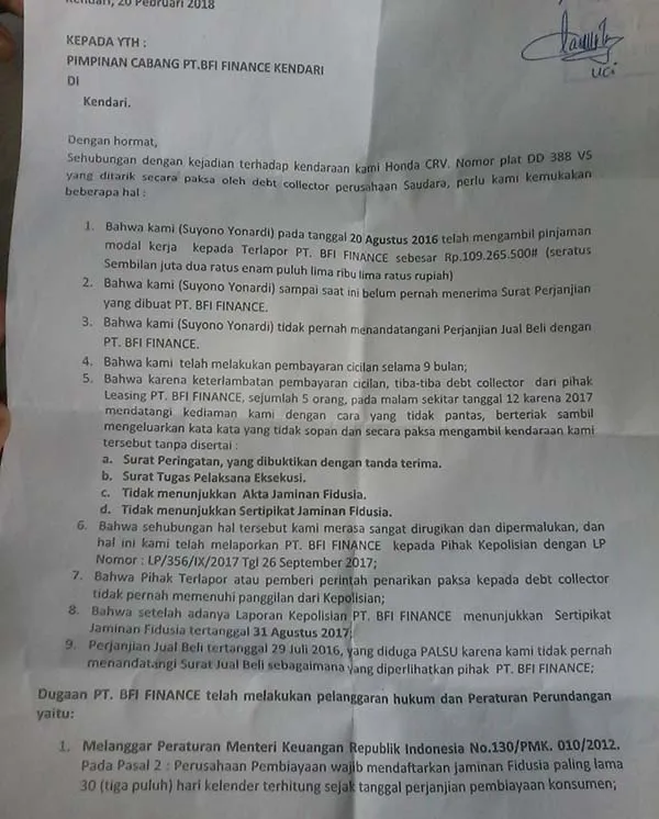 Diduga Salahi Aturan, BFI Finance Kendari Diperkarakan Lewat OJK