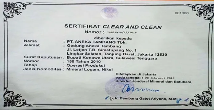 seritfikat_antam ANTAM Peroleh Status CnC untuk Tambang Nikel Konawe Utara