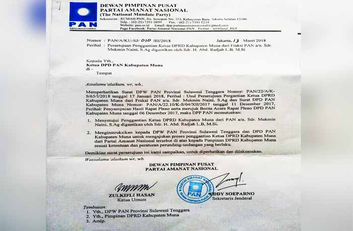 DPD PAN Bawa SK DPP Terkait Pergantian Ketua DPRD Muna, Sekwan : Kami Segera Proses