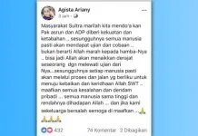 Melalui Akun Facebooknya, Agista Minta Masyarakat Sultra Doakan ADP dan Asrun Akun facebook Agista Ariani
