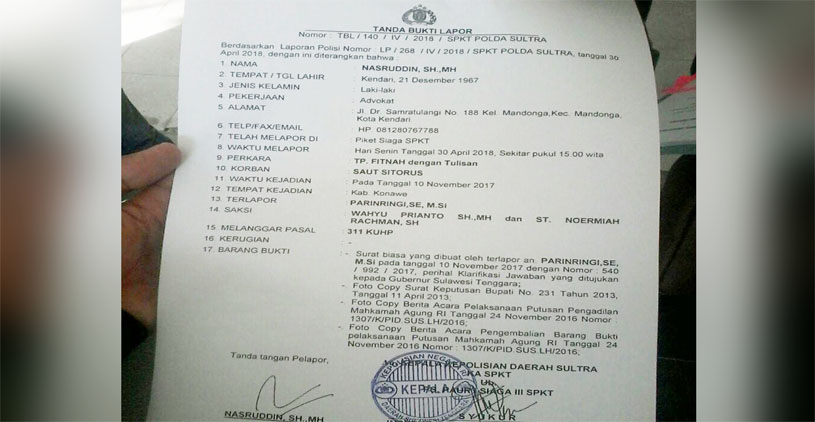 Kasus Fitnah, Plt Bupati Konawe Dilaporkan ke Polda Sultra