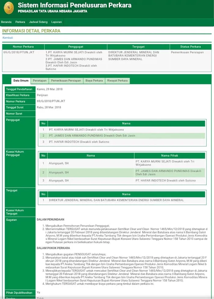PTUN Jakarta Segera Gelar Sidang Soal Tambang  Konawe Utara 