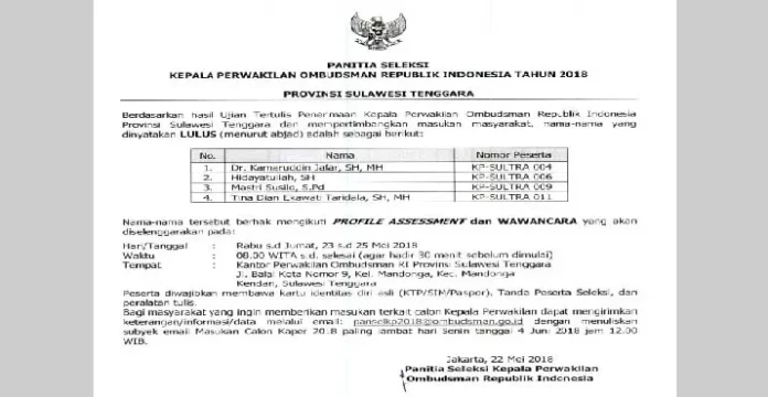 Dua Mantan Komisioner KPU Sultra Masuk Lima Besar Calon Kepala Kantor Ombudsman