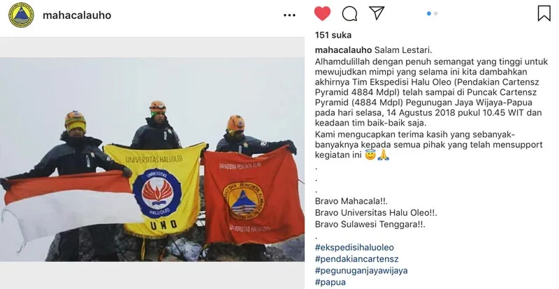 Tiga Mahasiswa UHO Sukses Kibarkan Merah Putih di Puncak Cartensz