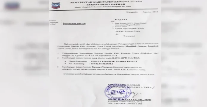 Peduli Gempa Lombok, Pemda Konut Galang Dana