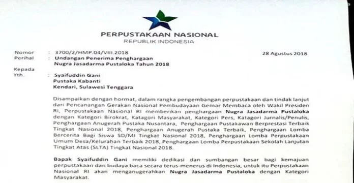 Pengelola Pustaka Kabanti Diundang Terima Penghargaan Perpusnas RI