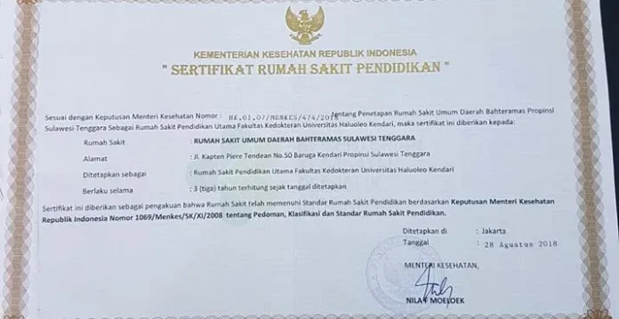 RSUD Bahteramas Raih Sertifikat RS Pendidikan Utama dari Kemenkes