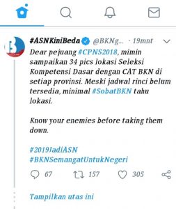 Penyampaian akun resmi twitter BKN terkait lokasi Seleksi Kompetensi Dasar dengan CAT BKN, Rabu (24/10/2018)