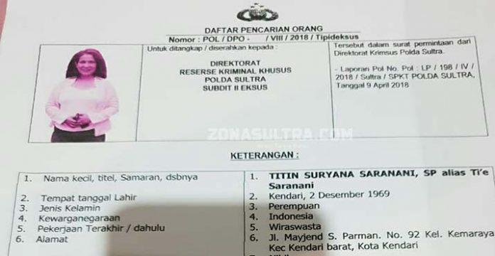 Polda Sultra Tetapkan Tie Saranani DPO