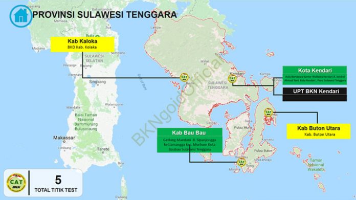 Sebaran Lima titik lokasi Seleksi Kompetensi Dasar dengan CAT BKN di Wilayah Provinsi Sulawesi Tenggara