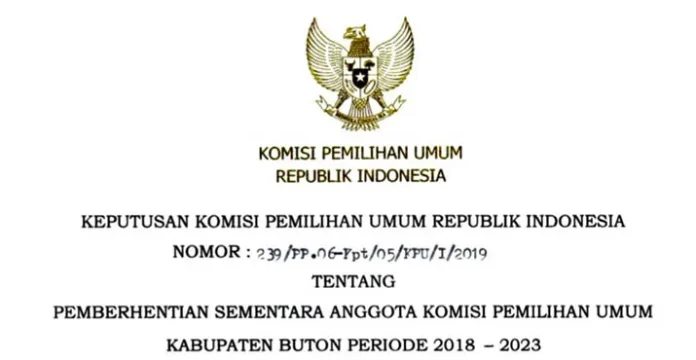 Satu Komisioner KPU Buton Diberhentikan Sementara