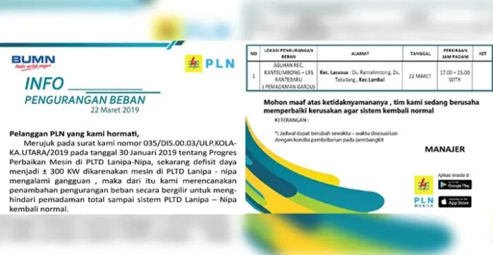 pemberitahuan_pln_kolut Masih Defisit Daya, Pemadaman Listrik di Kolut Kembali Berlanjut