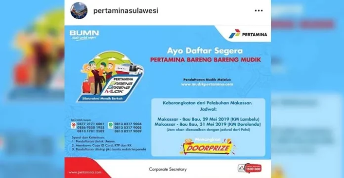 Pertamina Siapkan 2.236 Tiket Gratis untuk Pemudik dari Makassar ke Baubau