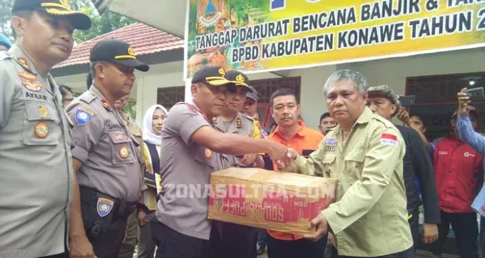 bantuan banjir konawe Polda Sultra Bantu Empat Truk Sembako untuk Korban Banjir Konawe
