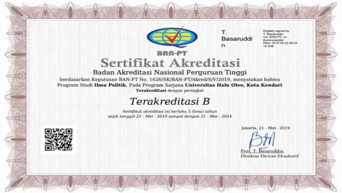 sertifikat Prodi Ilmu Politik UHO Raih Akreditasi B