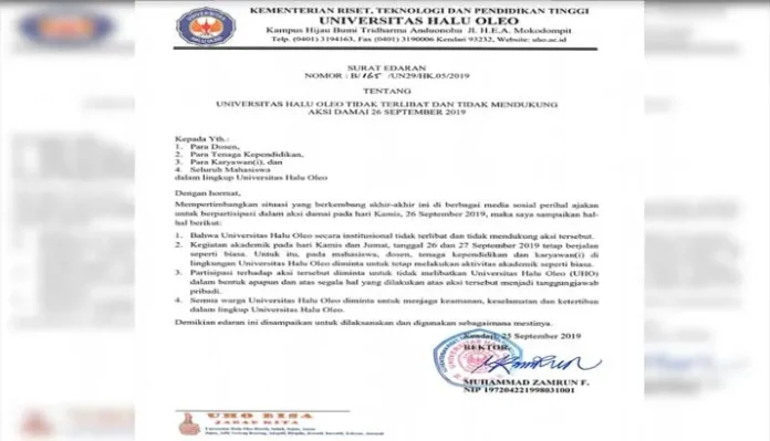 Terkait Aksi Damai 26 September Nanti, Mahasiswa UHO Diminta Tak Bawa Nama Kampus