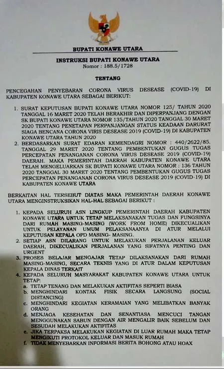 Terkait Corona, Bupati Konut Keluarkan 9 Instruksi