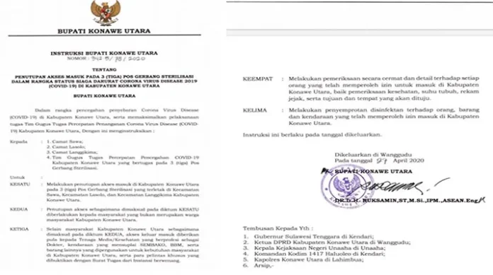 Bupati Konut Keluarkan SK Penutupan Akses Masuk Utama di 3 Titik