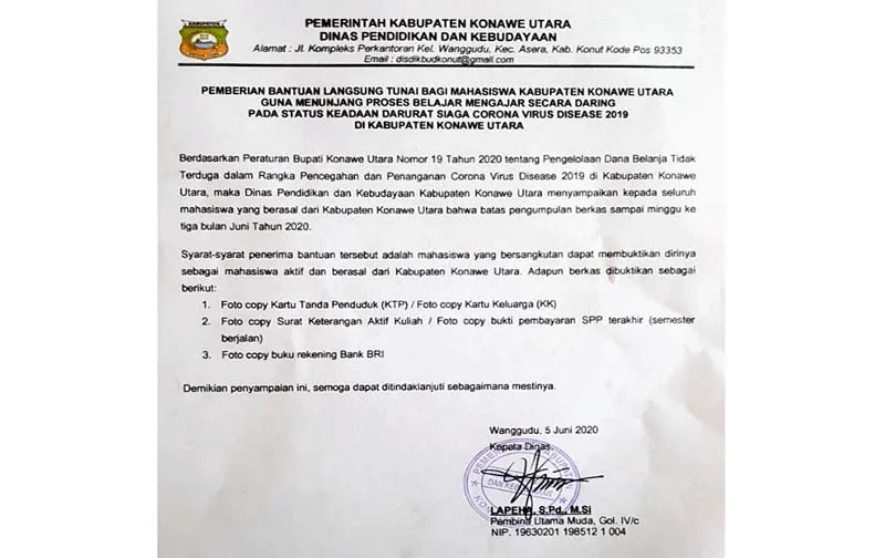 Ini Syarat dan Jadwal Pengumpulan Berkas BLT Pendidikan Covid-19 Konut