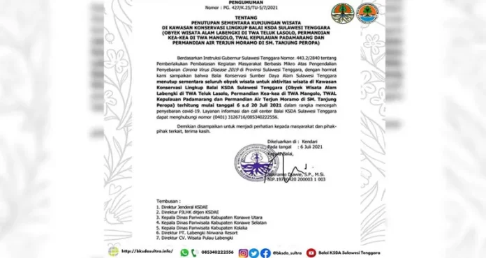 PPKM Mikro, BKSDA Sultra Tutup 4 Kawasan Wisata