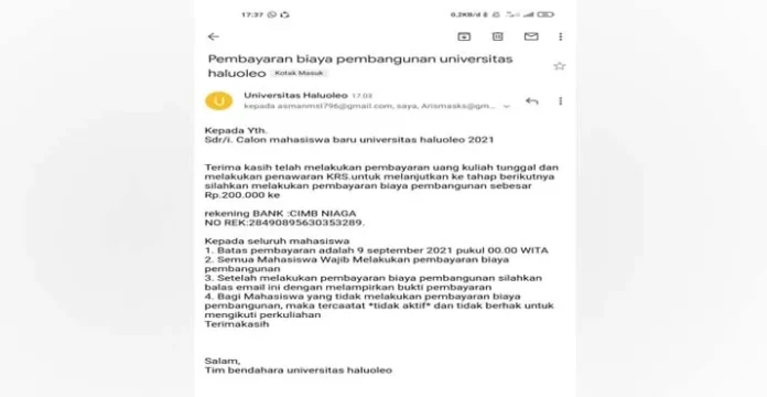 Awas Penipuan, Email Soal Pembayaran Biaya Pembangunan UHO Tidak Benar