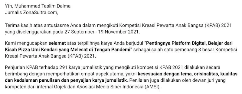 Jurnalis Kendari Juara di Ajang Kompetisi Jurnalistik Gojek