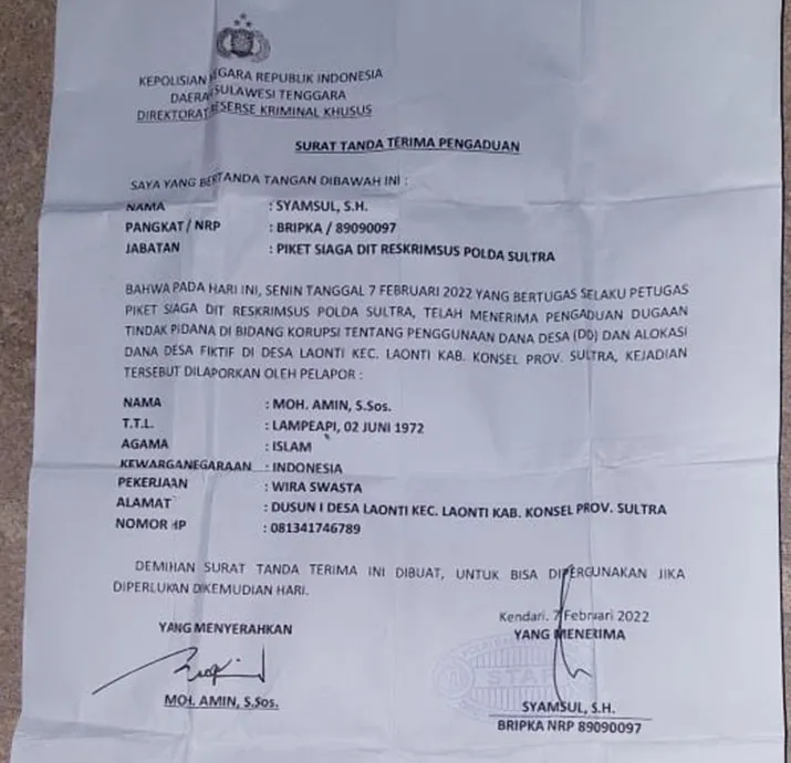 Kades Laonti Dilaporkan ke Polda Sultra Atas Dugaaan Penyelewengan Dana Desa