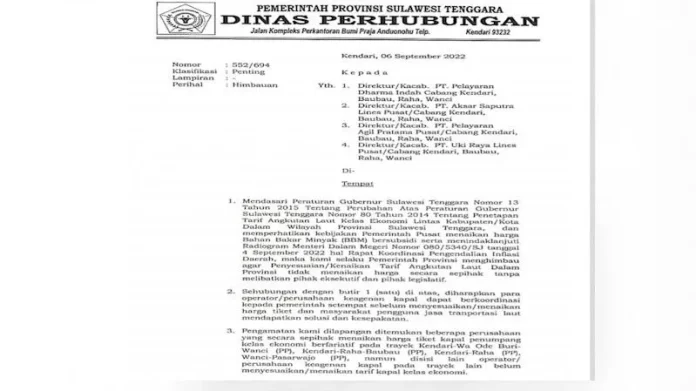 Ongkos Kapal Naik Sepihak, Dishub Sultra Terbitkan Surat Imbauan