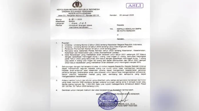 Polresta Kendari Larang Siswa SMP Bawa Kendaraan ke Sekolah